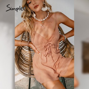 Simplee Sexy Deep V-neck Backless Women Rompers 2021 Casual Summer Spaghetti Strap Solid Playsuits Cotton Beach Ladies Romper